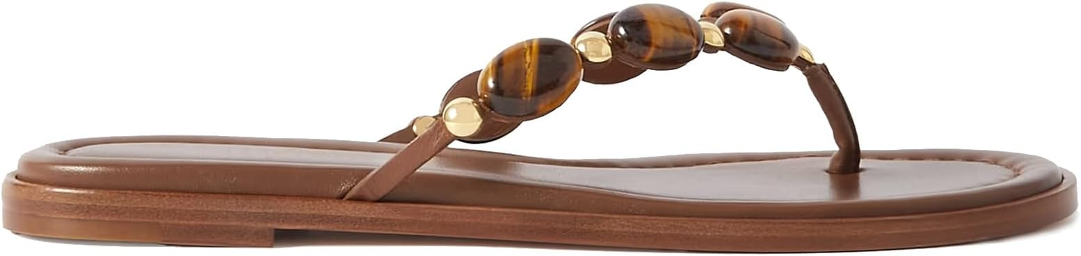 Women Jewelled Thong Strap Open Round Toe Flip Flops Comfy Slip on Flats Sandals Casual Summer Be... | Amazon (US)