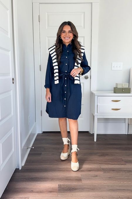 Navy Shirtdress size XS TTS 
White and black stripe sweater size XS TTS 
Cream ankle wrap wedge heels size 5 TTS 

Date Night Outfit 
Valentines Day Outfit 
Work Outfit 
Work Wear 
Office Outfit 
Spring break
Spring outfits
Classic style 
Petite 
Walmart

Honey Sweet Petite
Honeysweetpetite 

#LTKstyletip #LTKworkwear #LTKMostLoved