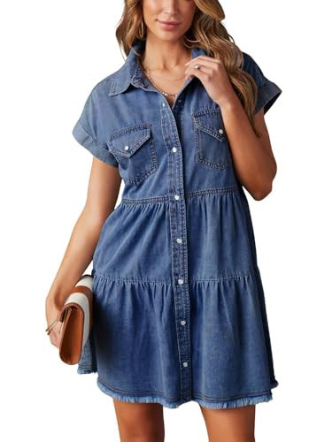 ebossy Denim Dress for Women Button Up Frayed Hem Short Sleeve Babydoll Tiered Shirt Dress with Pocket (XS, Dark Blue) | Amazon (US)
