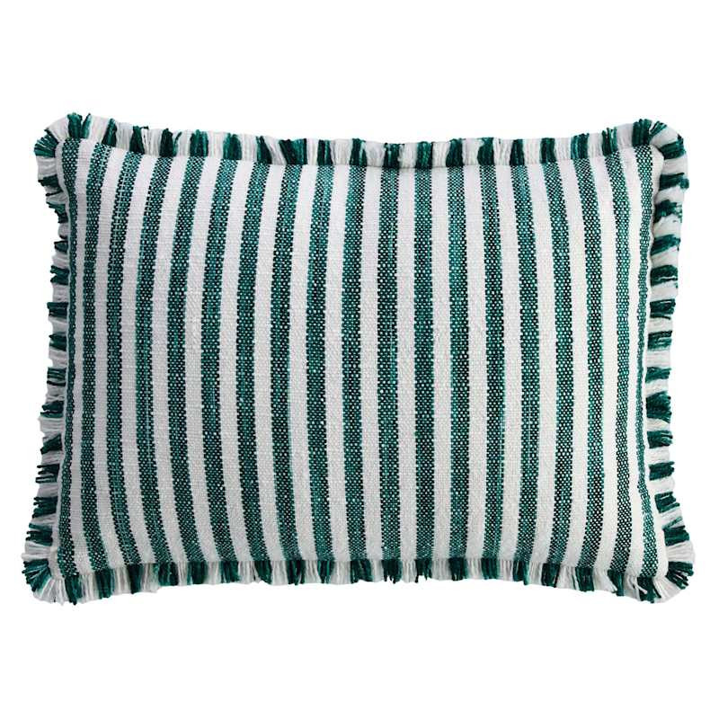 Mahogany & Sand Striped Woven Lumbar Outdoor Throw Pillow with Fringe, 14x20 | At Home