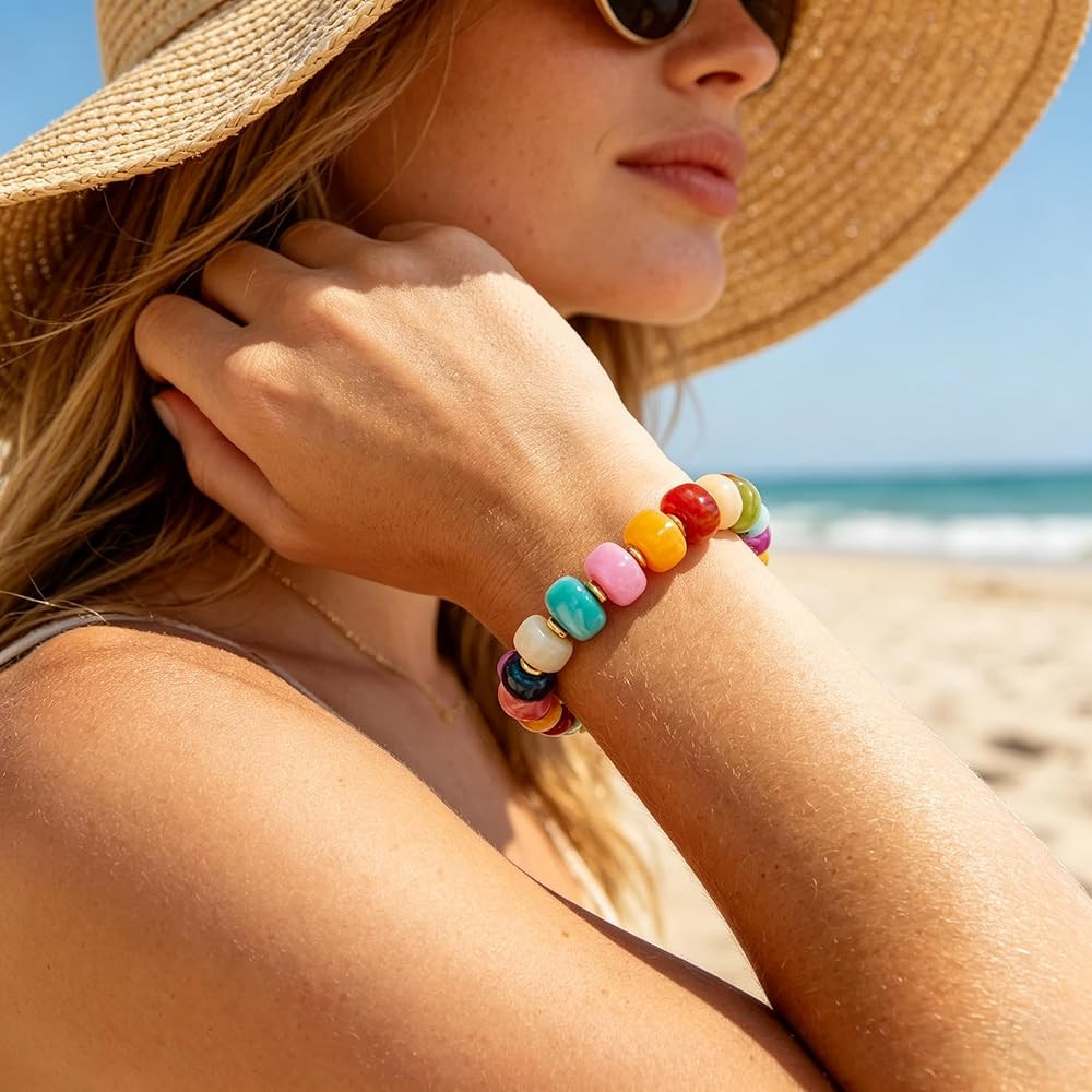 Amazon.com: Zhuozatrfa Colorful Bead Bracelet for Women Vibrant Color Resin Beads Bracelets Elast... | Amazon (US)