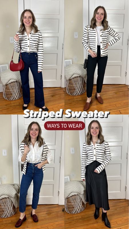 4 ways to wear a striped sweater. XS striped sweater currently 40% off
#stripe #workwear

#LTKstyletip #LTKMostLoved #LTKsalealert