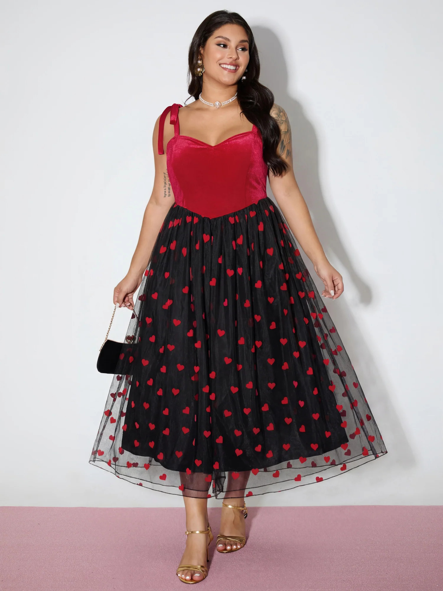 Velvet Heart Shaped Flocked Shoulder-Tie Midi Dress | Bloomchic