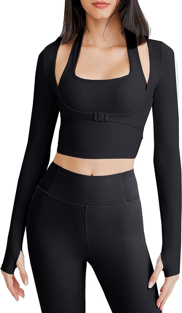 FEOYA Long Sleeve Cutout Yoga Sports Jacket Sports Tees for Women Crop Tops T Shirt Workout | Amazon (US)