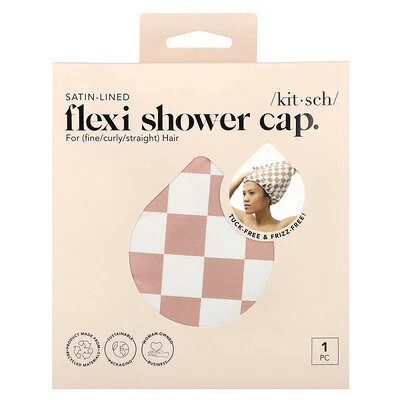 Kitsch, Satin-Lined Flexi Shower Cap, Terracotta Checker, 1 Cap | iHerb