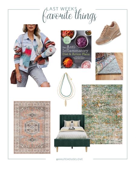 Last weeks favorite things. Bedroom area rugs, velvet twin bed for the little boys bedroom, the best rug pad ever. The anti inflammatory cookbook that’s currently blowing my mind and a few Amazon fashion finds.