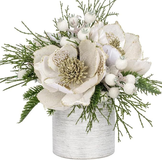 DILATATA 12 inch White Christmas Table Centerpiece with 5" Glitter Magnolia Flower and White Berr... | Amazon (US)