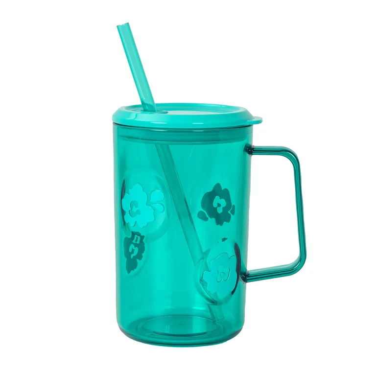 Mainstays 20oz Plastic Jelly Mug with Lid, Straw & Handle, Green, Floral | Walmart (US)