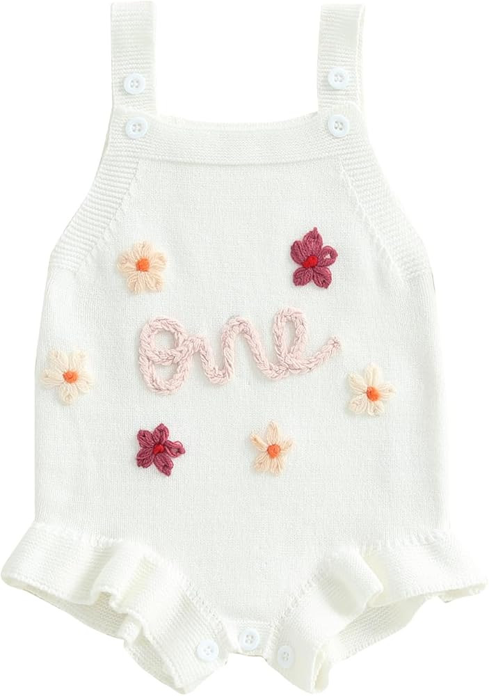 Sujhwsx Baby Girl Birthday Knit Overalls Sleeveless Square Neck Letter Bow Embroidery Sweater Rom... | Amazon (US)