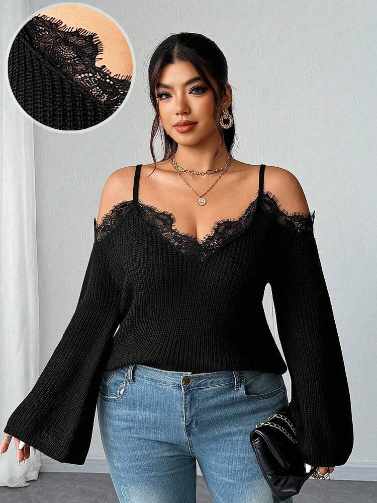 Elenzga Women's Elegant Retro Valentine's Day Sexy Party Vacation Off-The-Shoulder Lace Splicing Trumpet Sleeve Slim Fit Plus Size Sweater Pullover Goth Y2k Lace Trim Cold Shoulder Long Sleeve Crop Tops, Spring Summer Fall | SHEIN