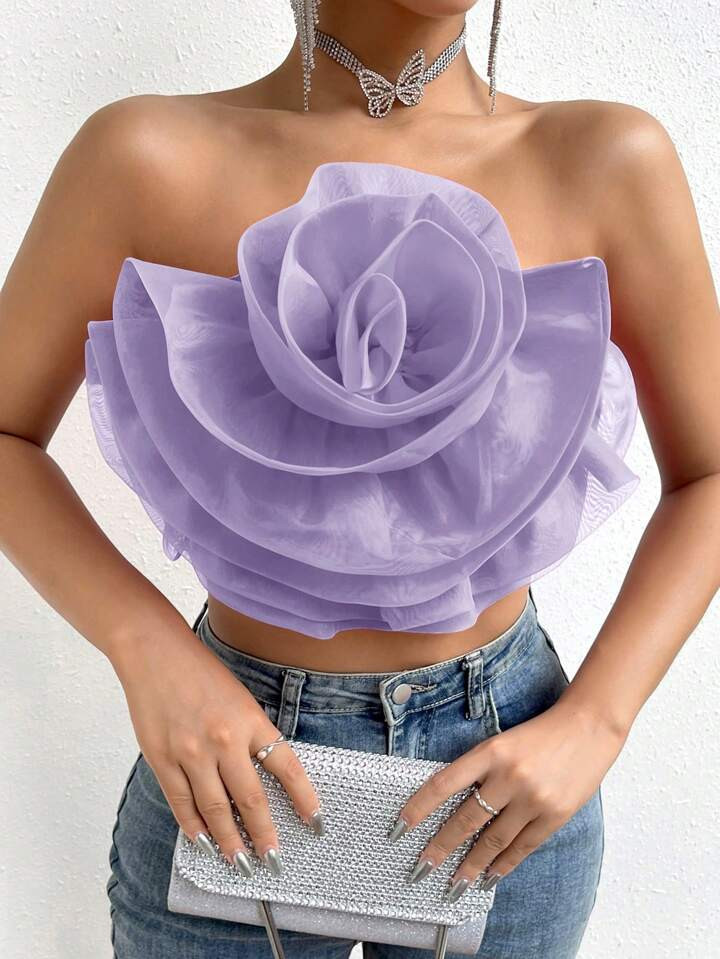 SHEIN Glamour Flower Decor Crop Tube Top | SHEIN