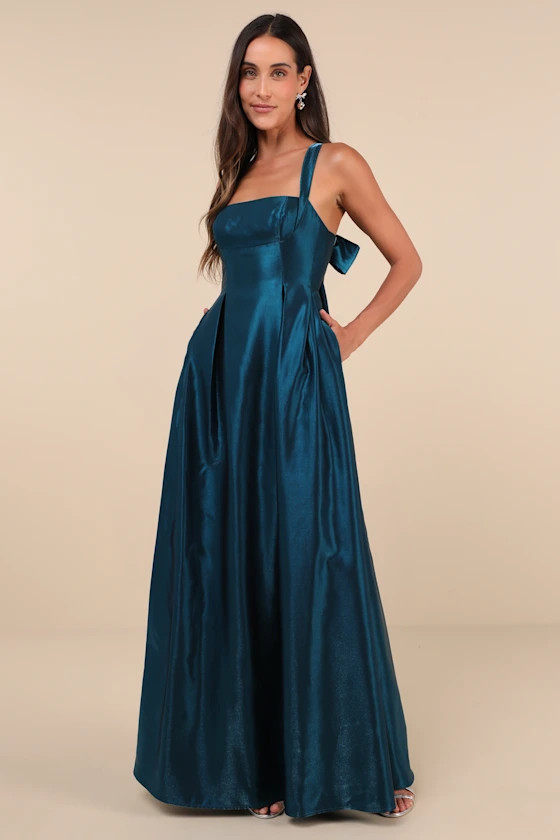 Immaculate Aura Shiny Dark Teal Taffeta Maxi Dress With Pockets | Lulus