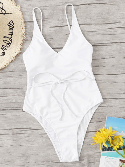 SHEIN Crisscross Open Back Solid One Piece Swimsuit | SHEIN