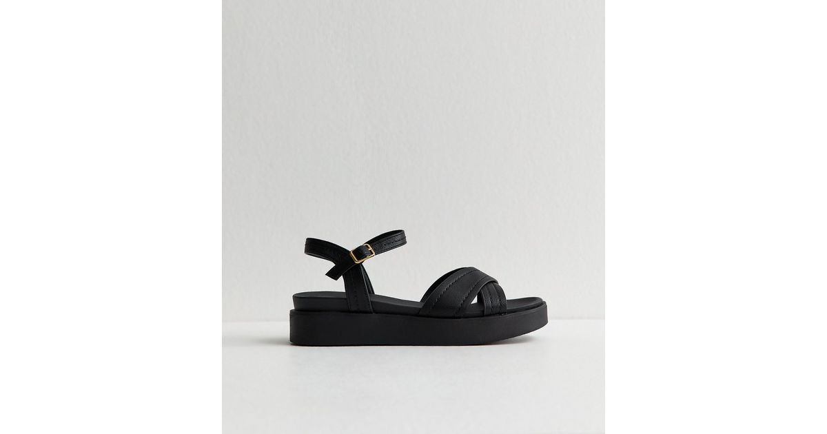 Black Faux Leather Cross Over Flatform Sandals | New Look | New Look (UK)