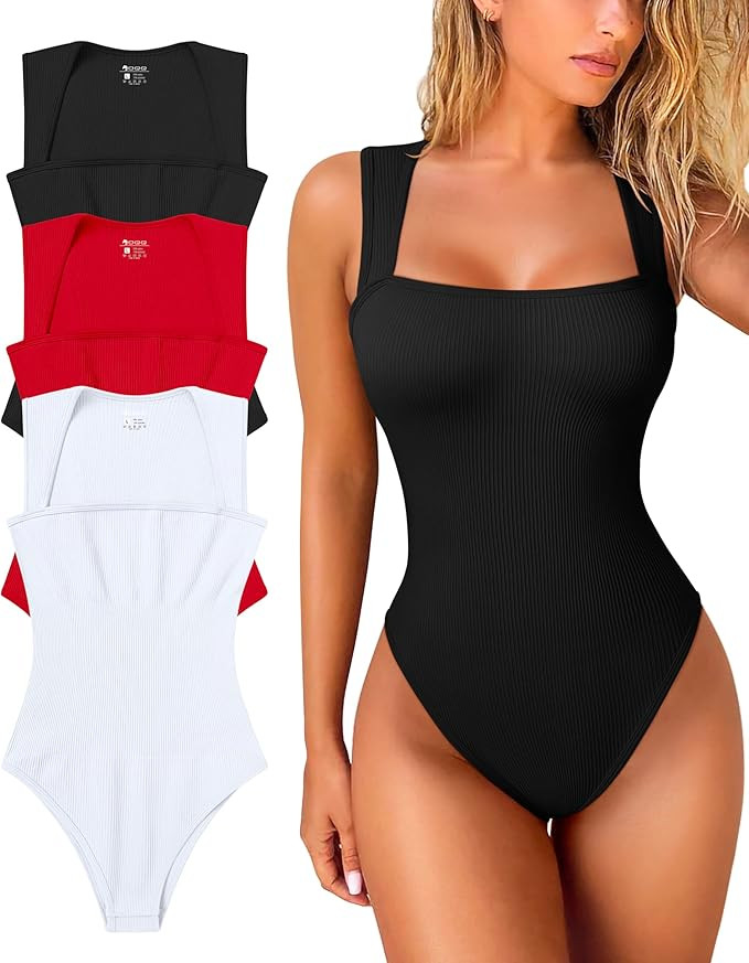 OQQ Women's 3 Piece Bodysuits Sexy Ribbed Strappy Square Neck Sleeveless Tummy Control Tank Tops ... | Amazon (US)