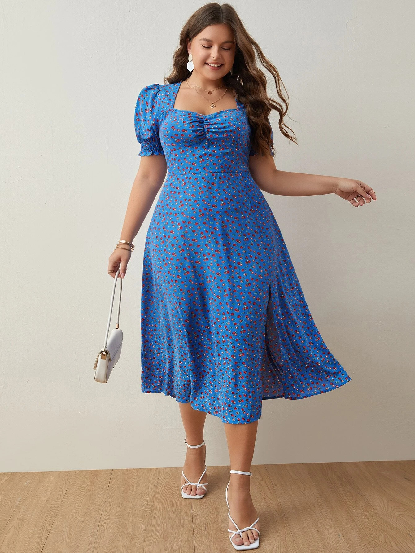 SHEIN Frenchy Plus Ditsy Floral Print Ruched Bust Split Thigh Dress | SHEIN