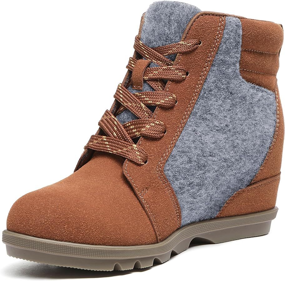 Athlefit Women’s Lace Up Wedge Ankle Boots Comfortable Suede Hidden Wedge Booties | Amazon (US)