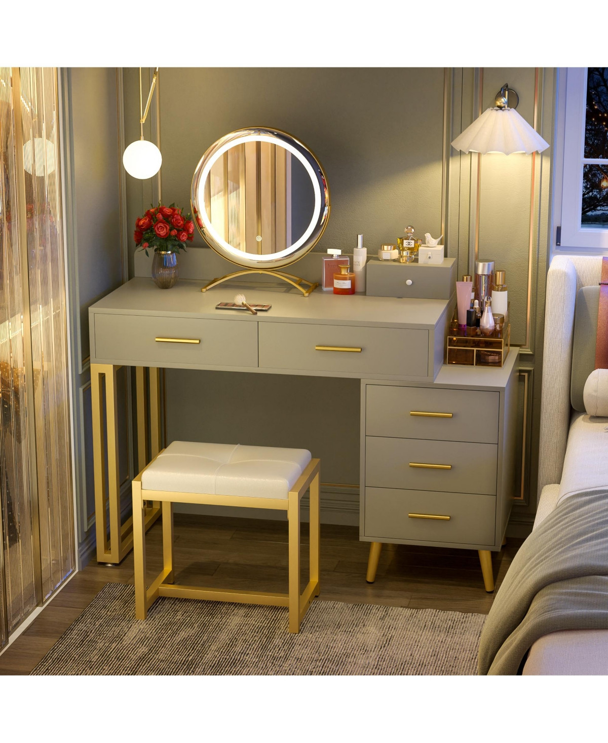 Aheaplus Vanity Desk with Mirror and Lights, Makeup Vanity Set with 6 Drawers and Stool - Cyan | Macy's