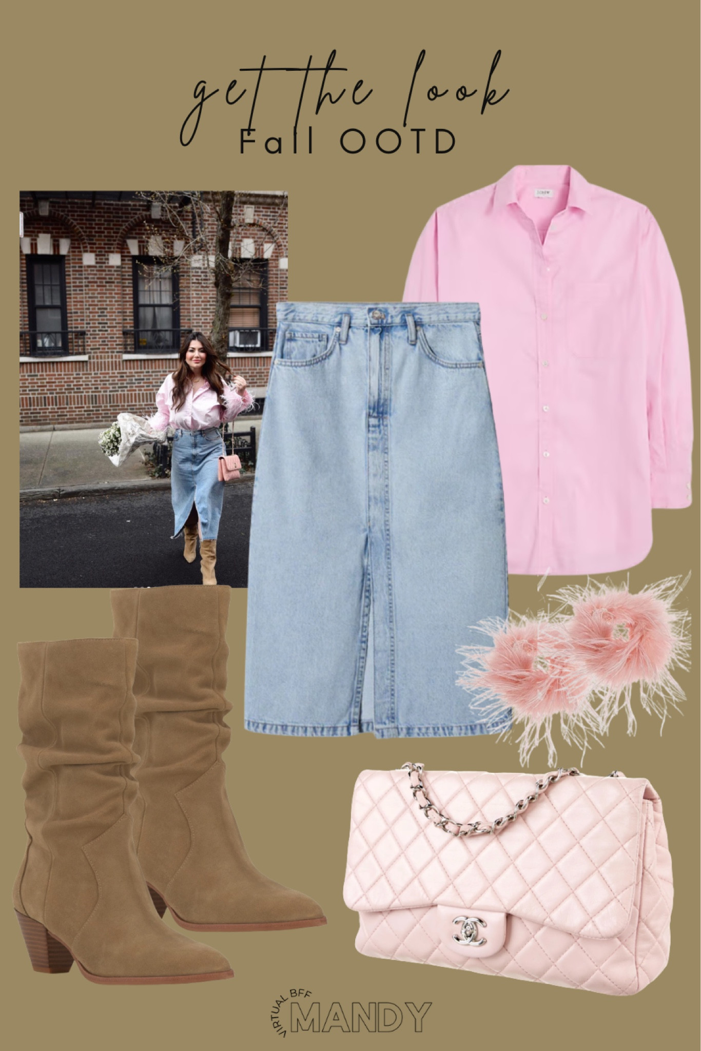 Fall outfit with boots - midi denim skirt - j crew button up - detachable feather bracelets - slouchy boot - Chanel bag 

#LTKstyletip #LTKmidsize #LTKshoecrush