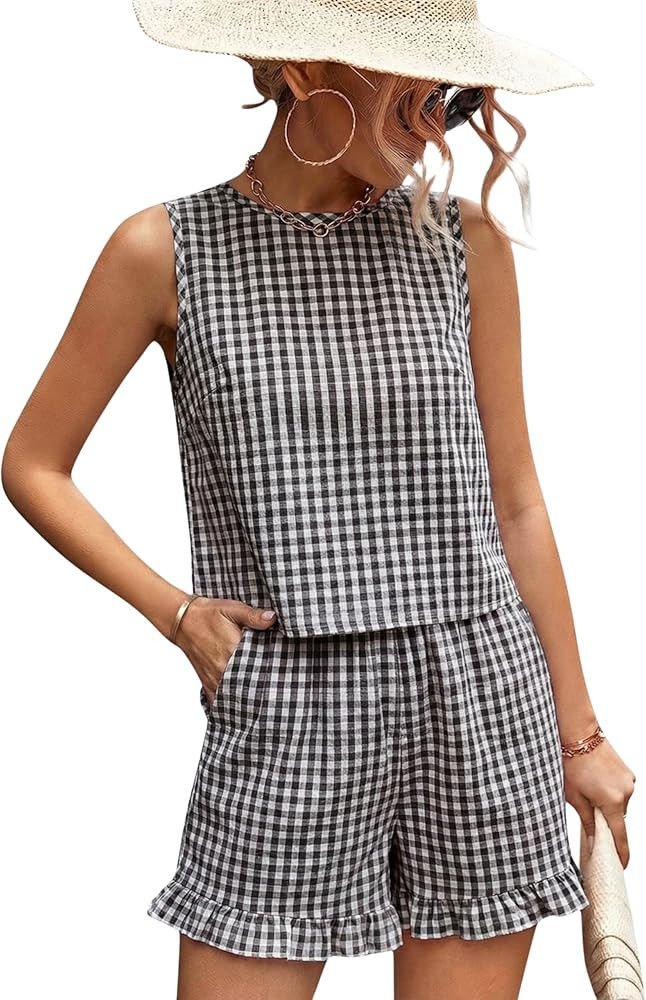Hooever Women's Gingham Check 2 Piece Set Sleeveless Tank Top and Ruffle Hem Shorts Casual Summer... | Amazon (US)