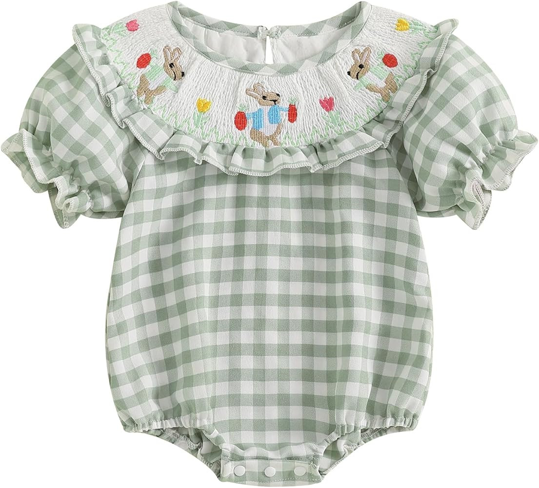 Infant Baby Girl Bunny Outfit Rabbit Embroidery Floral Print Smocked Romper Short Sleeve Bunny Bo... | Amazon (US)