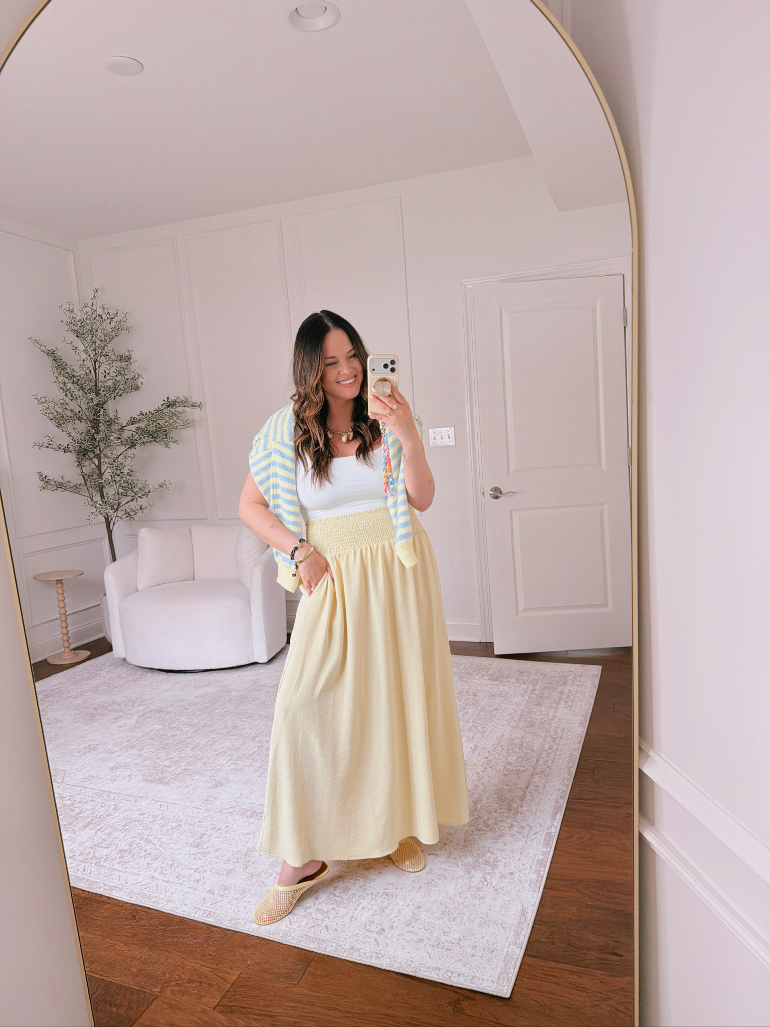 wearing a XL in the striped cardigan + skirt, L in the white top 

 #LTKSeasonal #LTKMidsize