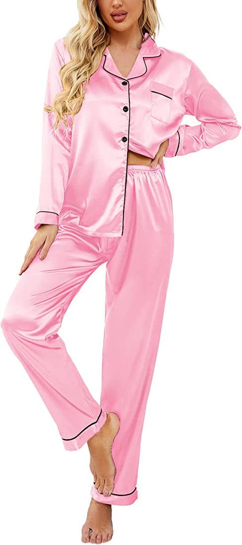 Ekouaer Women's Classic Long Satin Pajama Set | Amazon (US)