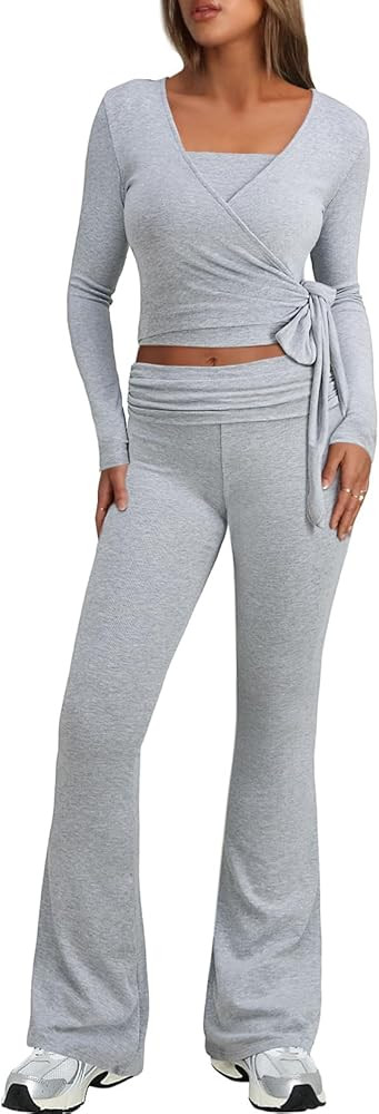 Women's 3 Piece Lounge Sets V Neck Long Sleeve Cross Wrap Shirts Tube Crop Tops Fold Over Flare P... | Amazon (US)