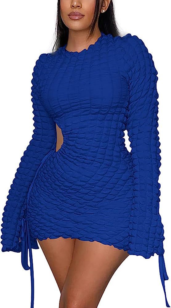 Women's Sexy Flare Long Sleeve Ruched Cutout Drawstring Bodycon Mini Dress Party Club Night Out S... | Amazon (US)