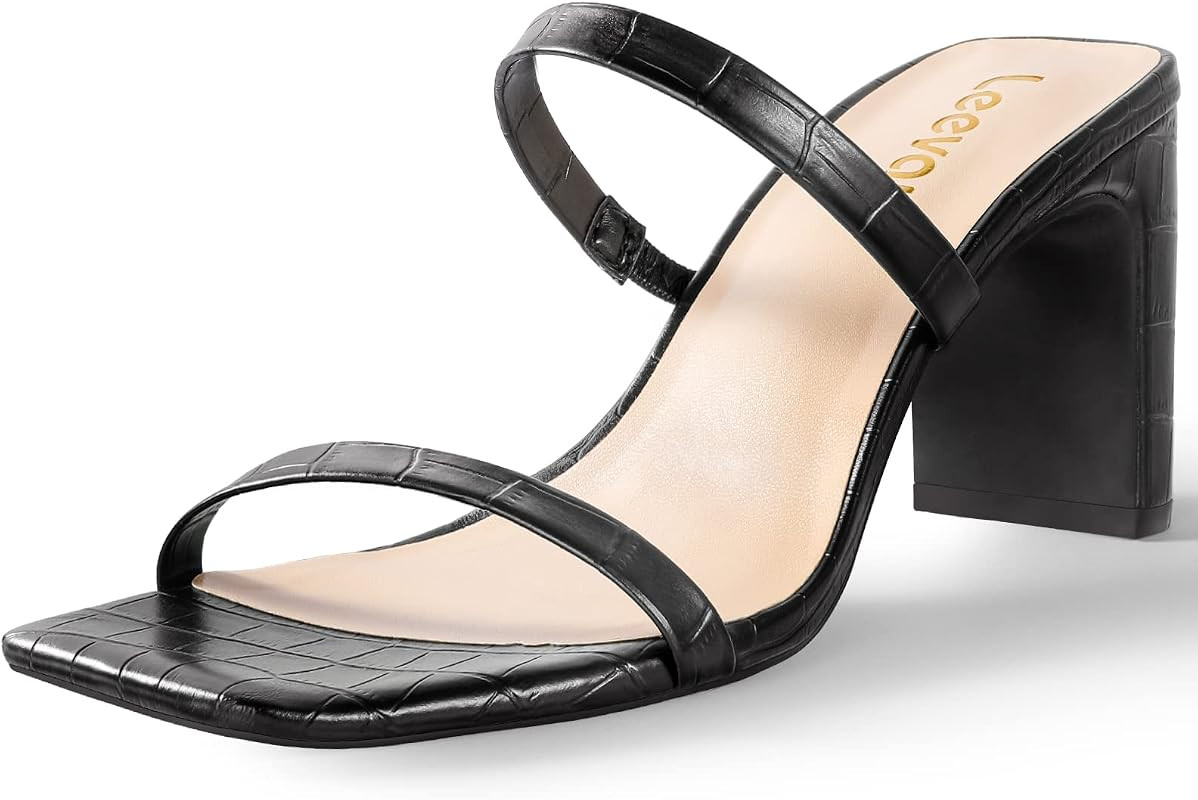Leevar Square Toe Heels Sandals - White Black Nude Heels Chunky Two Strap Low Heels for Women Lea... | Amazon (US)