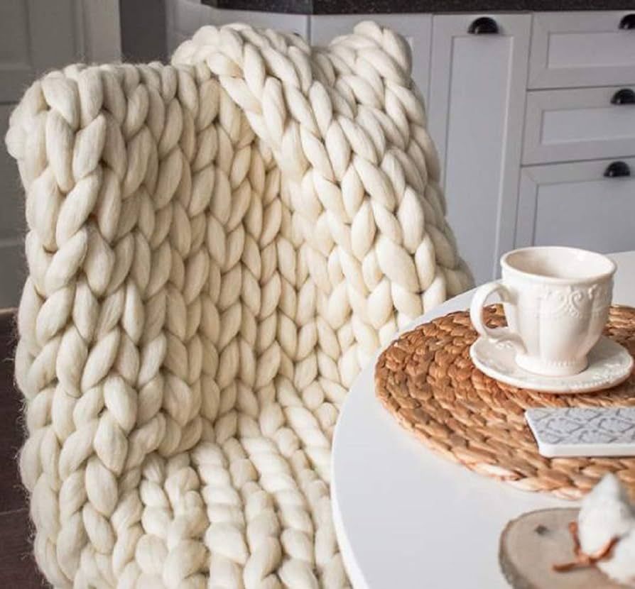 Chunky Knit Blanket Hand Made Merino Wool Throw Boho Bedroom Sofa Home Decor Giant Yarn(Ivory Whi... | Amazon (US)
