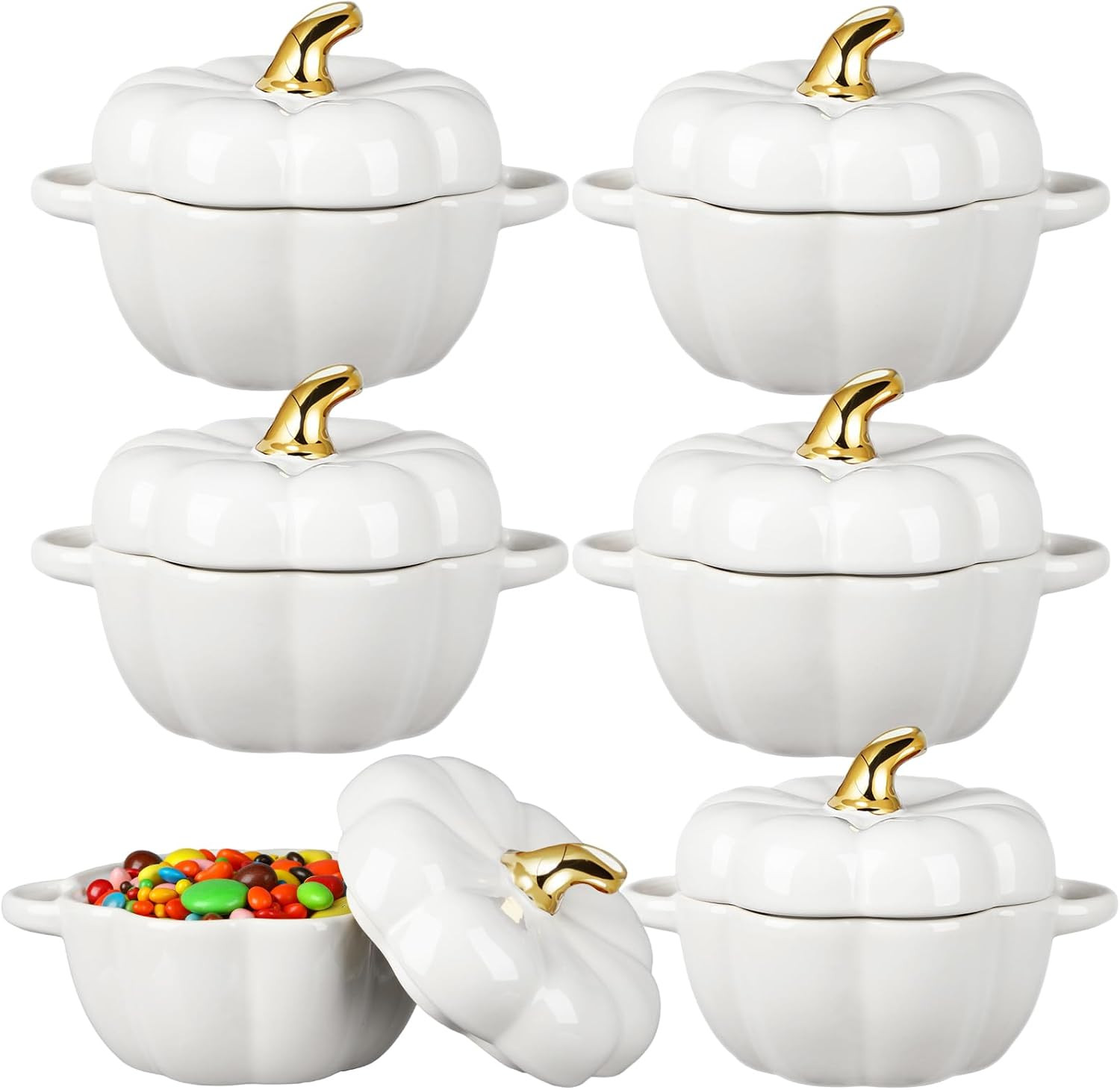 Yaomiao 6 Pcs Pumpkin Ceramic Bowl 15 oz Pumpkin Soup Bowl Pumpkin Shape Storage Jar with Lid and Handles for Home Halloween Party Kitchen Tableware(White) | Amazon (US)