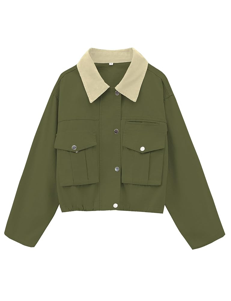 Womens Cropped Jacket Contrast Collar Utility Coat Cargo Jacket Barn Jacket Outwear with Pockets | Amazon (US)