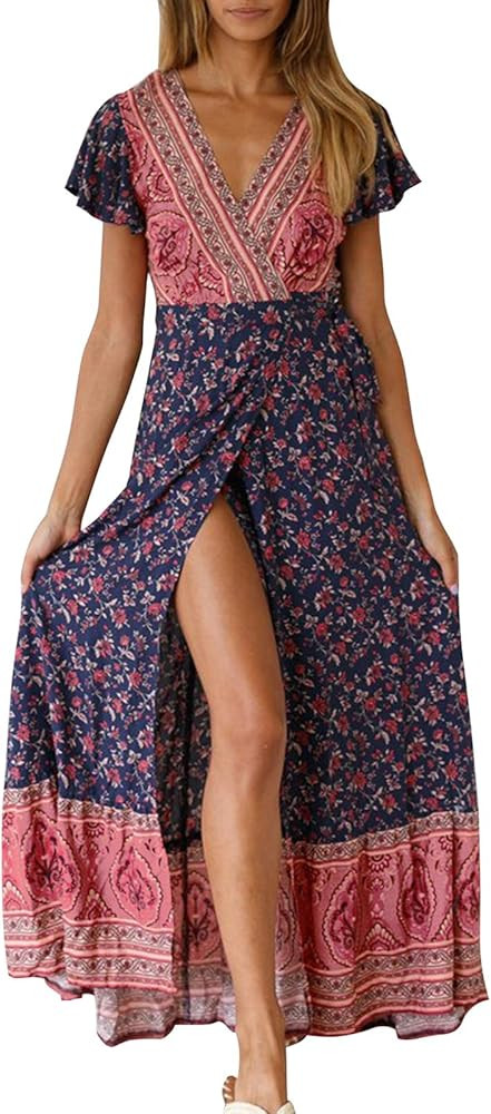 ZESICA Women's Bohemian Floral Printed Wrap V Neck Short Sleeve Split Beach Party Maxi Dress | Amazon (US)