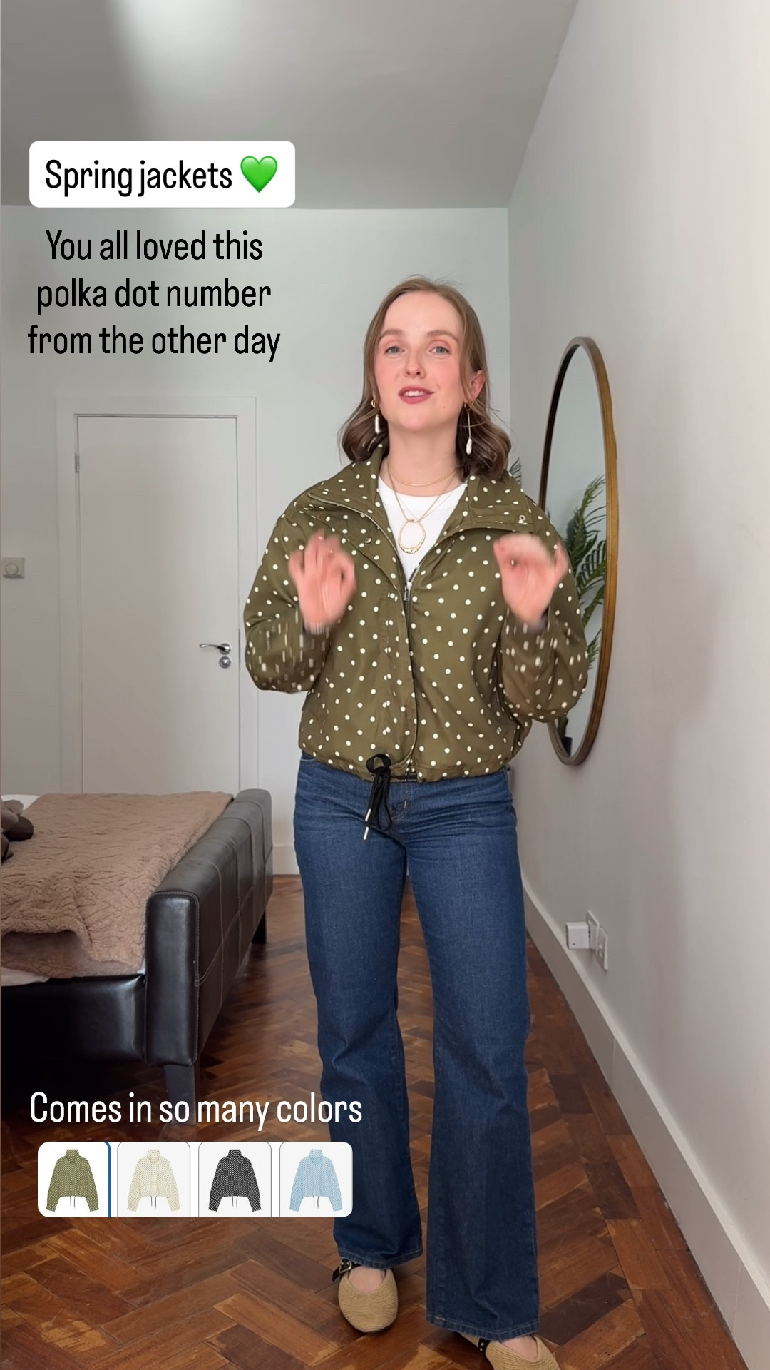 Polka dot spring jacket windbreaker 
Amazing quality Amazon find 
Lightly lined wearing xs 
25 short jeans 


#LTKootd #LTKPetite #LTKSaleAlert