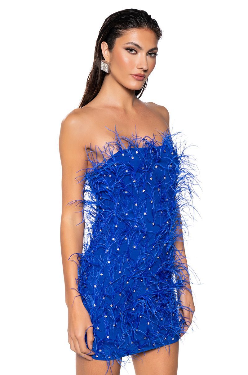 PRIMROSE STRAPLESS EMBELLISHED FEATHER MINI DRESS IN BLUE | AKIRA