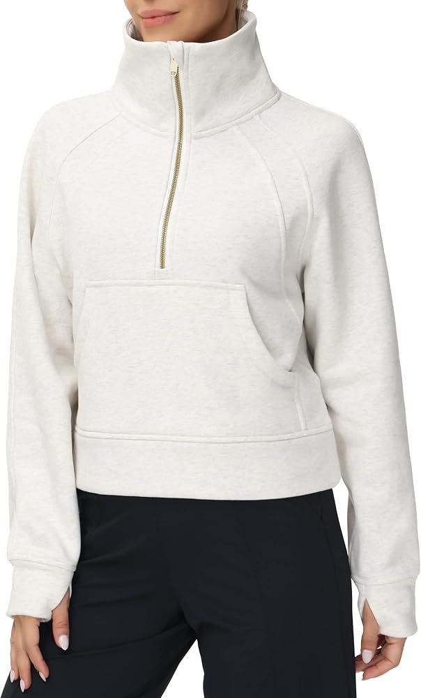 THE GYM PEOPLE Womens' Half Zip Pullover Fleece Stand Collar Crop Sweatshirt with Pockets Thumb H... | Amazon (CA)