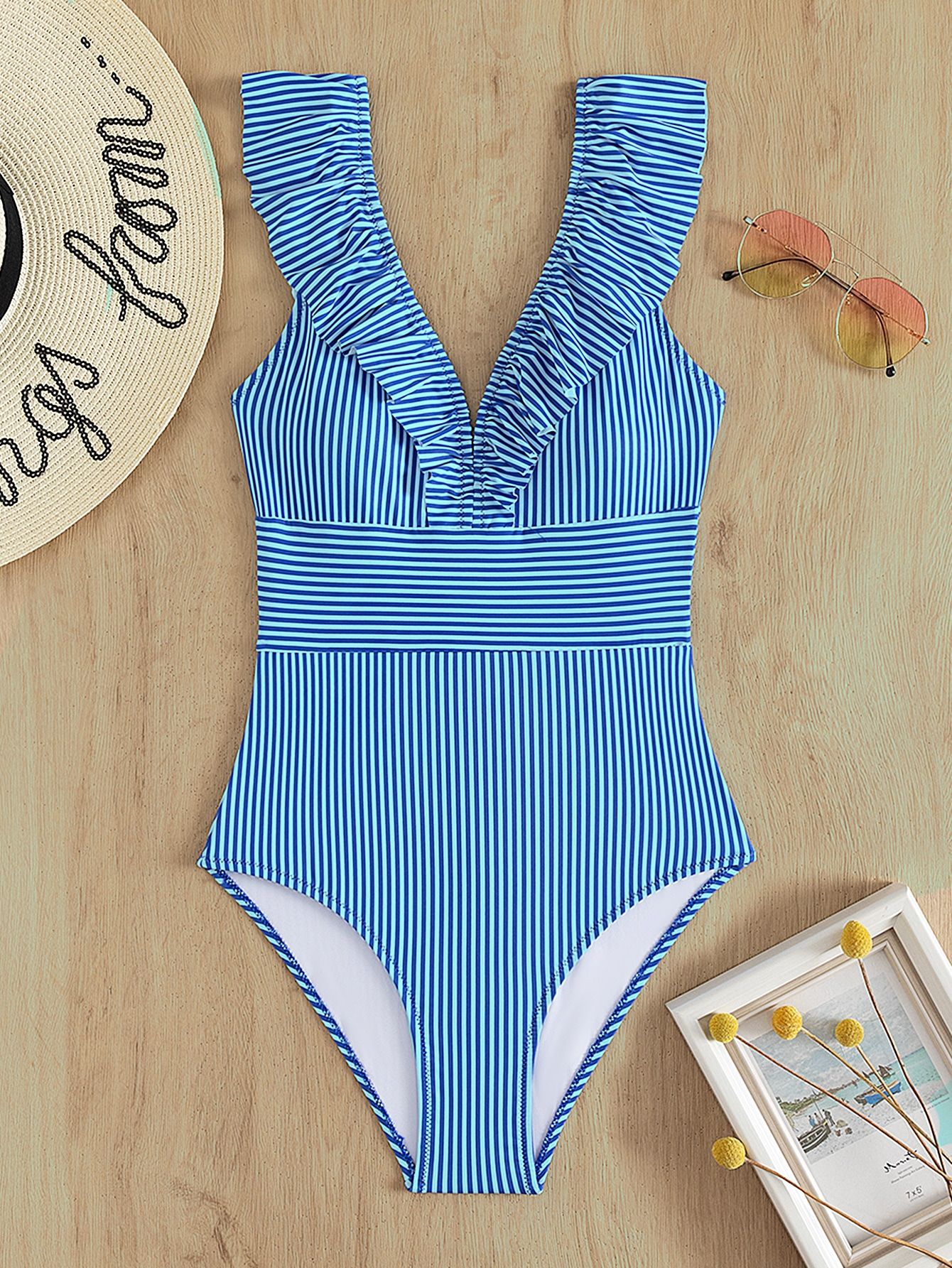 Striped Ruffle Trim V Neck One Piece Swimsuit | SHEIN