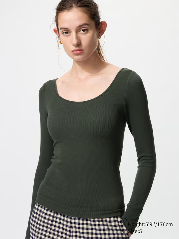 Women's HEATTECH Extra Warm Ribbed Scoop Neck Bra T-Shirt (Long Sleeve) | UNIQLO UK | UNIQLO (UK)