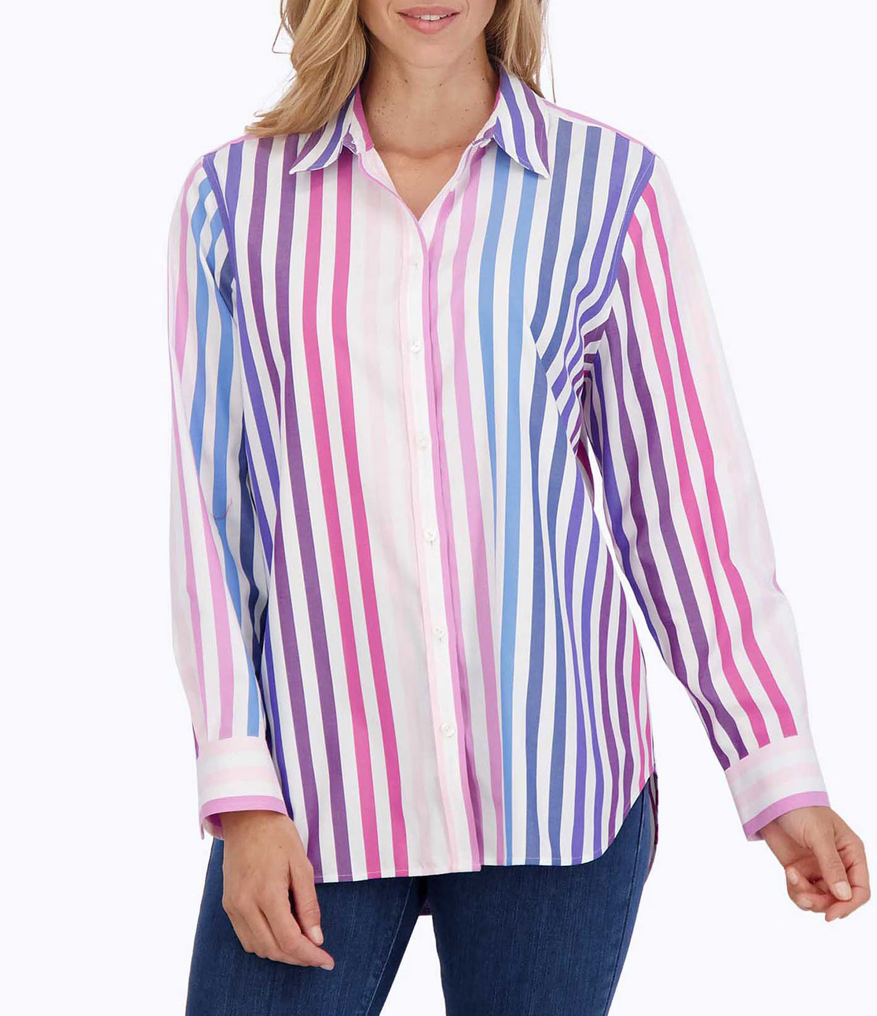 Boyfriend Multi Stripe Point Collar Button Front Long Sleeve Shirt | Dillard's