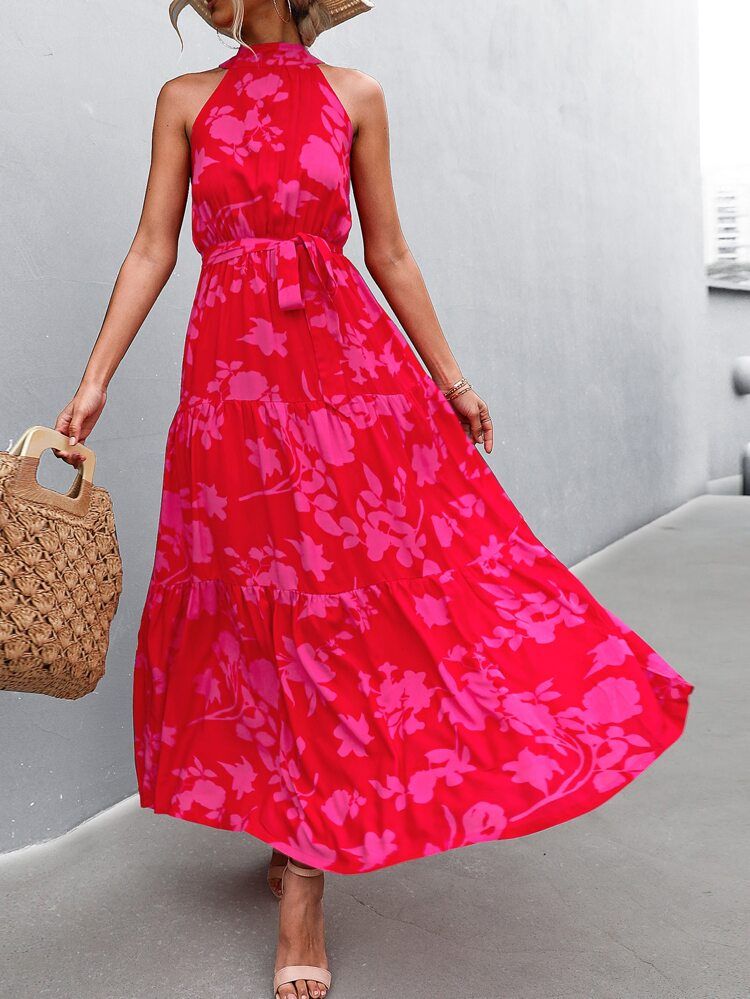 Floral Print Ruffle Hem Belted Halter Dress | SHEIN