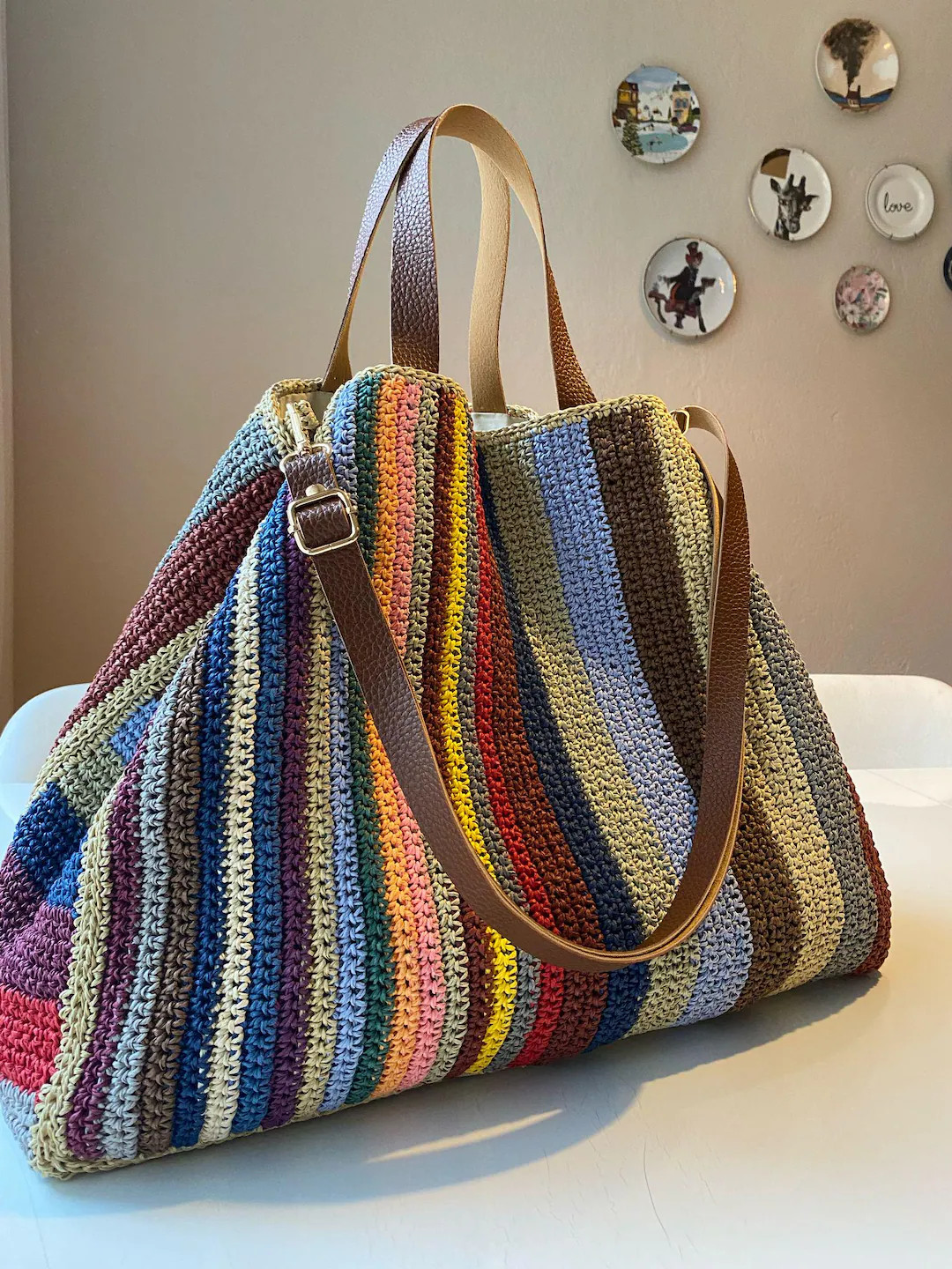 Handmade Crochet Weekend Bag: Leather Strap Travel Tote- | Etsy (US)