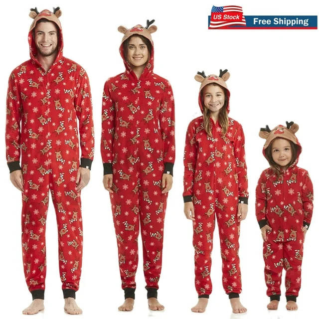 Christmas Jumpsuit Pajamas for Family Onesie Hooded Sleepwear Matching Sets Cartoon Elf Print Pjs... | Walmart (US)
