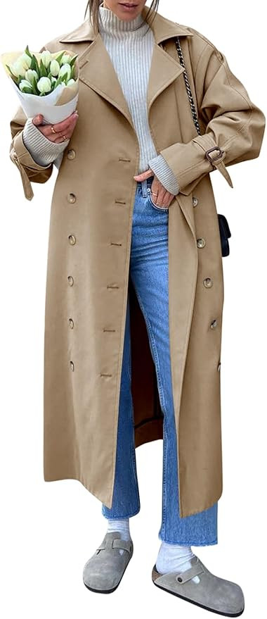 Tankaneo Womens Long Trench Coat Oversized Double Breasted Windproof Classic Lapel Casual Fall Ov... | Amazon (US)