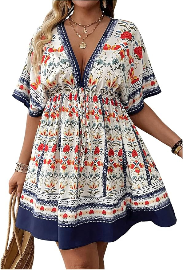 Floerns Women's Plus Size Wrap V Neck Short Sleeve Ruffle Hem A Line Short Dress | Amazon (US)
