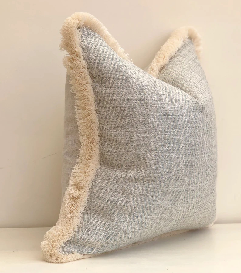 Sea glass blue Herringbone cushion cover | luxury pillows with fringe trim | high quality Warwick... | Etsy (US)