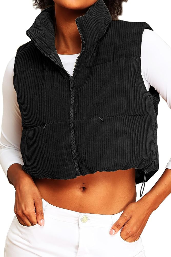 ELLEVEN Women's Corduroy Cropped Puffer Vest with Pockets, High Stand Collar Outerwear Lightweigh... | Amazon (US)