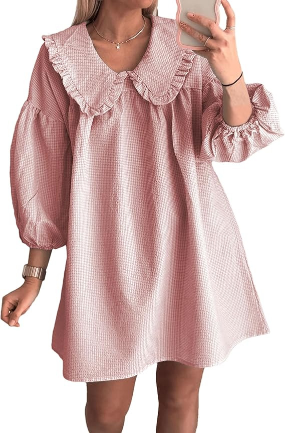 2024 Women's Babydoll 3/4 Puff Sleeve Plaid Mini Dress Lapel Doll Collar Loose Y2k Dress | Amazon (US)