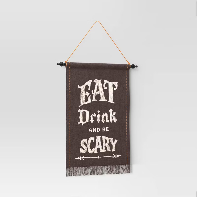 16" x 22" 'Eat Drink and Be Scary' Embodied Cotton Slub Wall Hanging Black - Threshold™ | Target