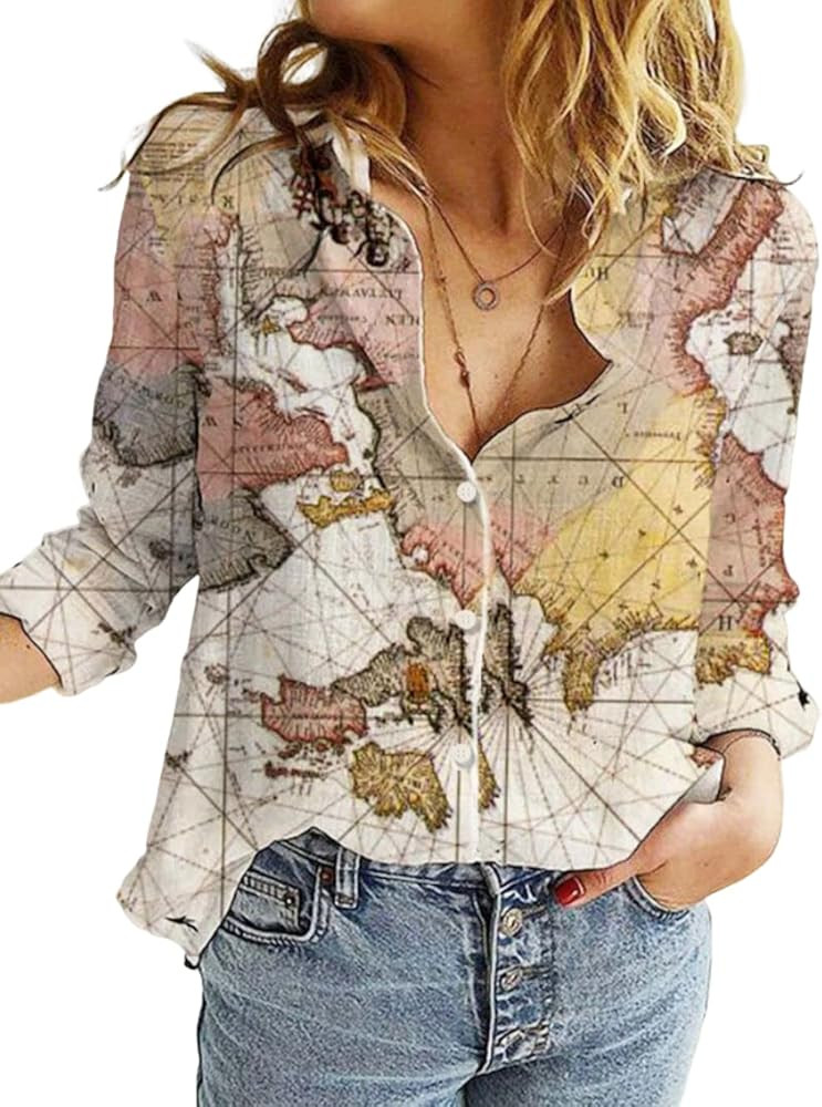Womens World Map Shirt 2023 Long Sleeve Lapel Button Down Blouse Graphic Print Casual Tops | Amazon (US)